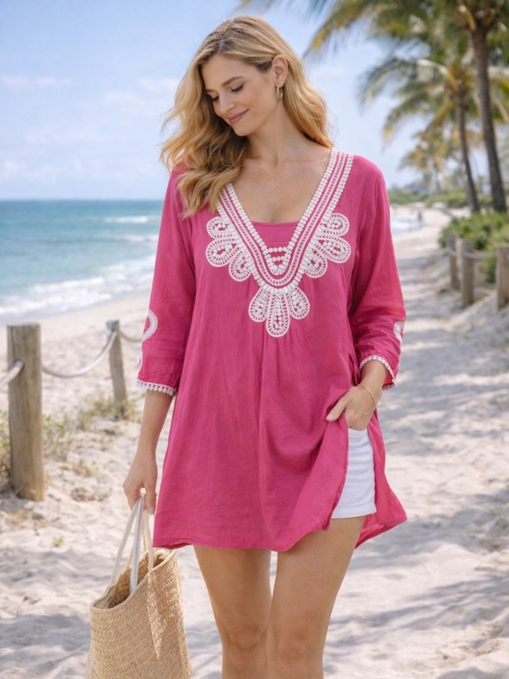 J.Crew Pink Embroidered Tunic 🌸 White Lace Detail Boho Resort Beach Cover-Up